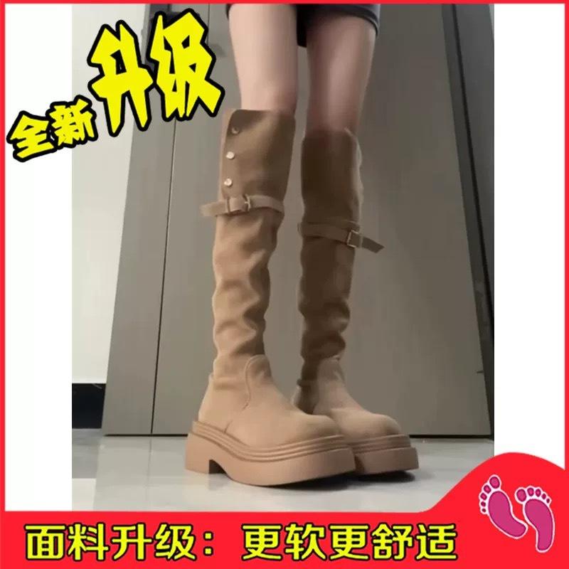 Пряжка ремня хаки ботинки женские 2025 осень и зима новые двойного ношения откидные толстоподошвенные рыцарские сапоги выше колена тонкие ботинки