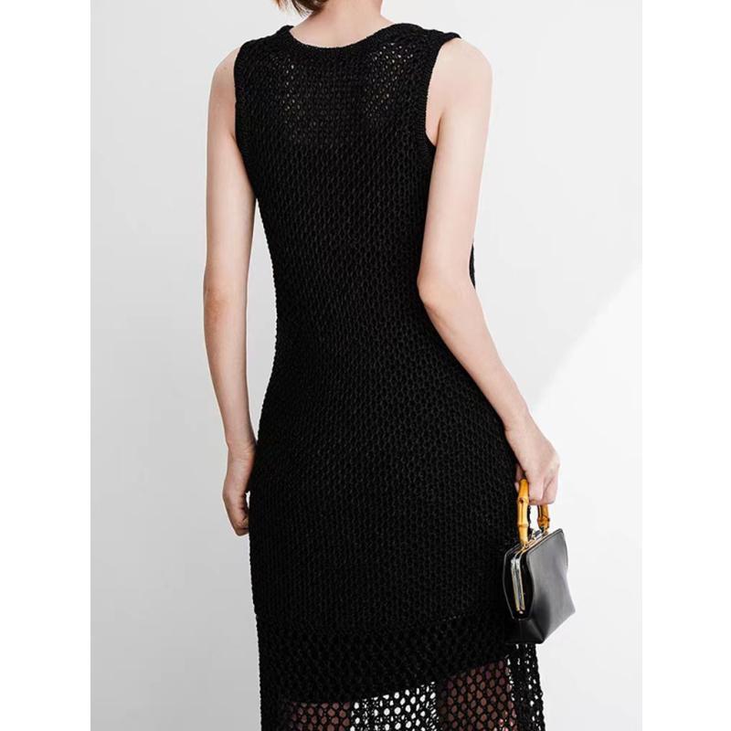 Fashion Sexy Hollow Out Mesh Pullover Summer Beach Dress Women's Knitted Sweaters See Through Casual Loose Sleeveless Dresses