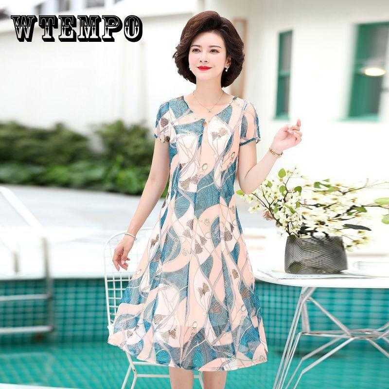 Женское летнее платье среднего возраста для матери, шифоновая вуаль, короткий рукав, круглый вырез, повседневная одежда средней длины с принтом