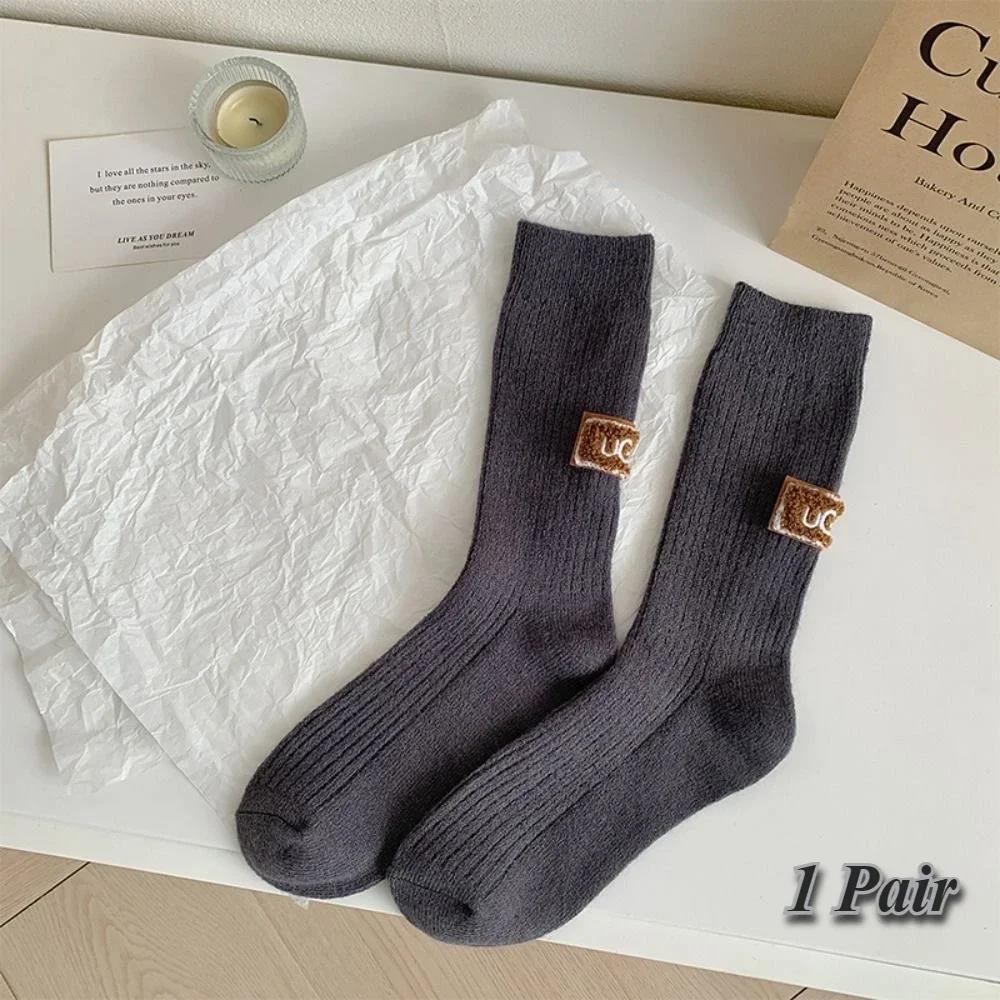1 пара зимних однотонных бархатных утолщенных махровых носков, разноцветные носки средней длины до икры с вышитым логотипом, теплые, повседневные хлопковые носки