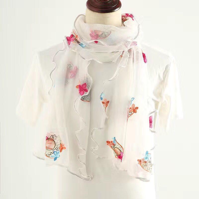 Lotus Leaf Edge Embroidered Wrapped Scarf Women's Long and Versatile High Elasticity Embroidered Scarf Silk Scarf