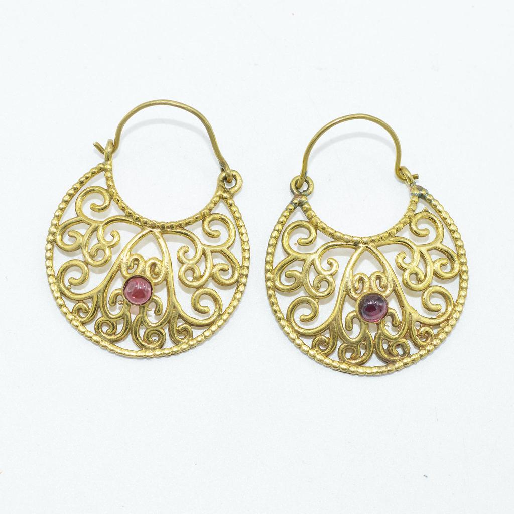 Brass Gold Plated Women's Earring, Natural Gemstone Cabochon Jewelry, Fashion Jewelry, Handmade Earring, Garnet Earring