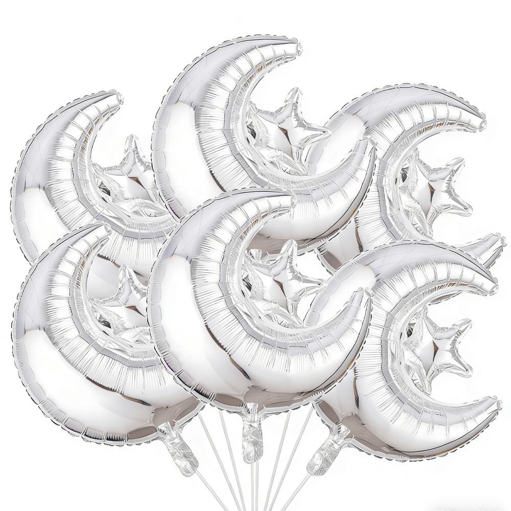 Moon Lighthouse, 3 Blue Moons, 6 Moon Stars, 3 Islamic Moon Star Aluminum Foil Balloons, Suitable for Eid Al-Fitr, Muslim