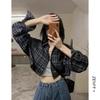 Women's Korean Retro Plaid Slimming Shirt - Long Sleeve, Short Top for Spring & Autumn 2025