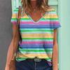 2024 Women T Shirt Summer Rainbow Print T-Shirt Plus Size Women's Clothing Oversized Designer Short Sleeve Shirt Women V-neck