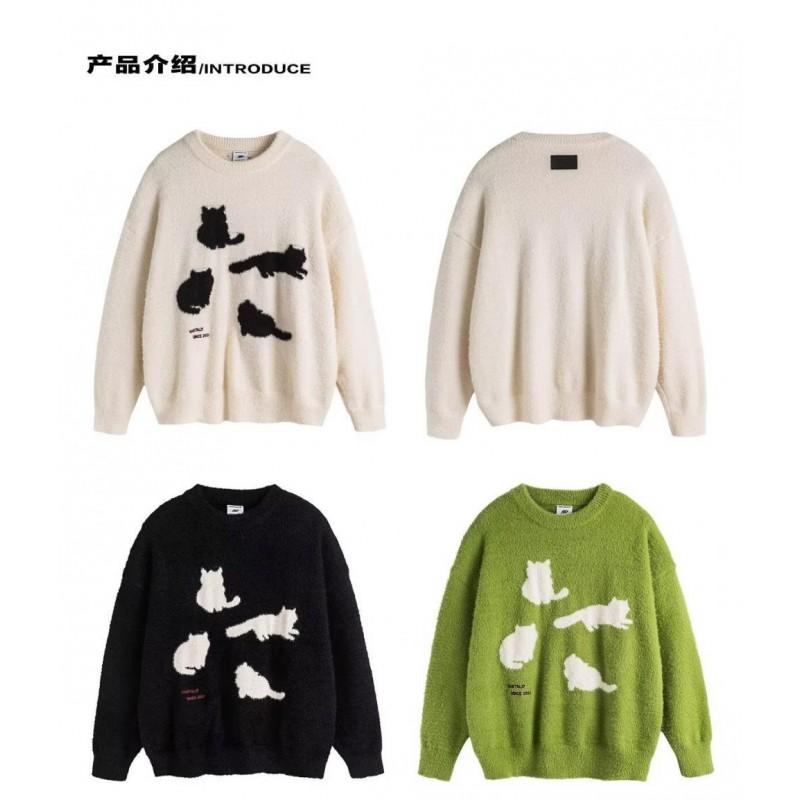 Unisex Oversized Knit Sweater With Cartoon Cat Jacquard Winter Casual Pullover Teens Adults
