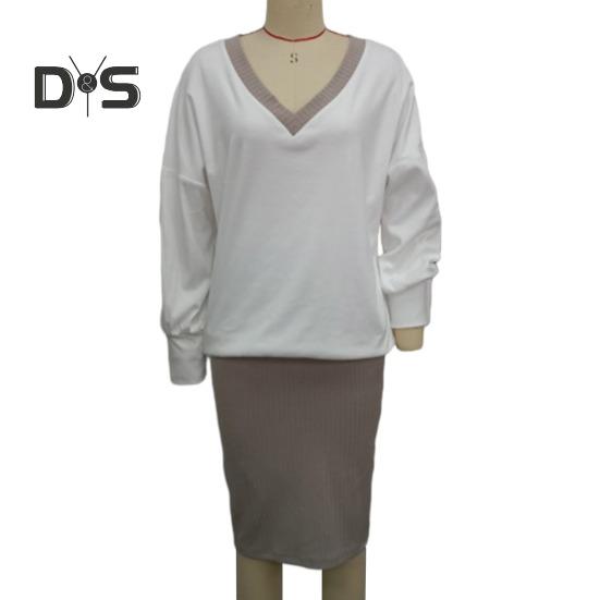 Fall Winter Women Top Skirt Set V Neck Long Sleeves Loose Elastic Blouse Knitted Sheath High Waist Slim Fit Knee Length Midi Skirt Sweater Top Skirt