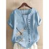 Women's Summer Fashion Casual Linen Shirt Round Neck Printing T-shirt Short Sleeve Tops Loose Blouse XS-5XL