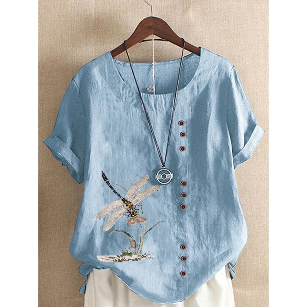 Women's Summer Fashion Casual Linen Shirt Round Neck Printing T-shirt Short Sleeve Tops Loose Blouse XS-5XL