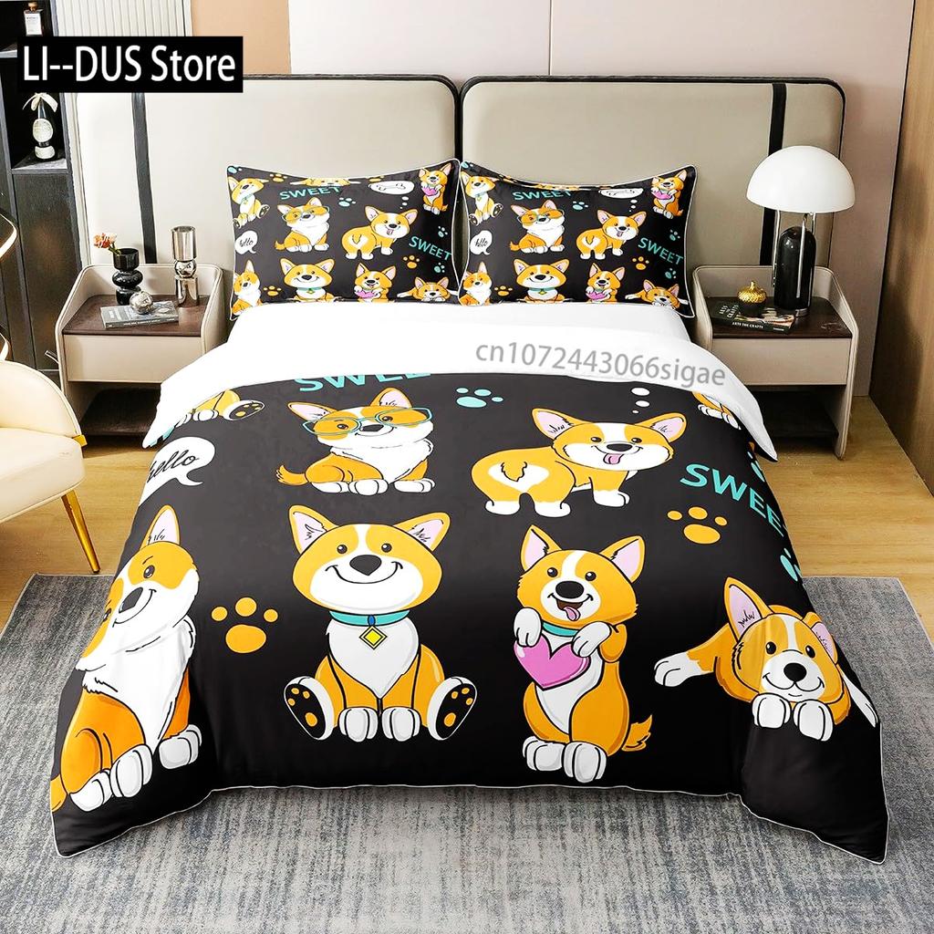Labrador Duvet Cover Set Hand Drawn Sketch Welsh Corgi Decorative 3 Piece Bedding Set With 2 Pillow Shams Queen King Full Size