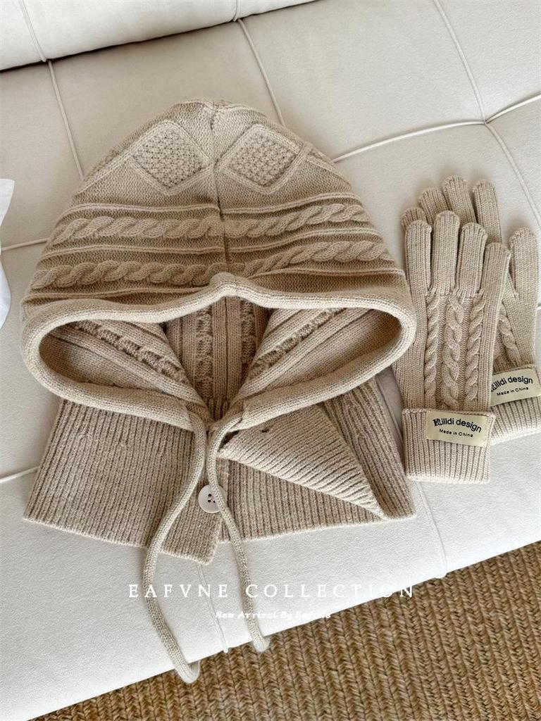 Korean Style Wool Balaclava & Twisted Gloves Set for Women - Perfect for Autumn and Winter