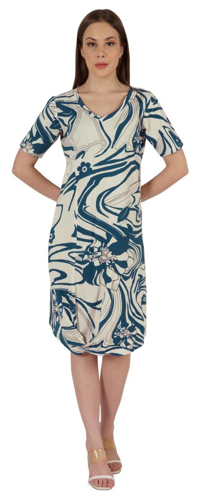 Moomaya Cotton Jersey Printed Midi Dress For Women V-Neck Summer Short Sleeves Knee Length