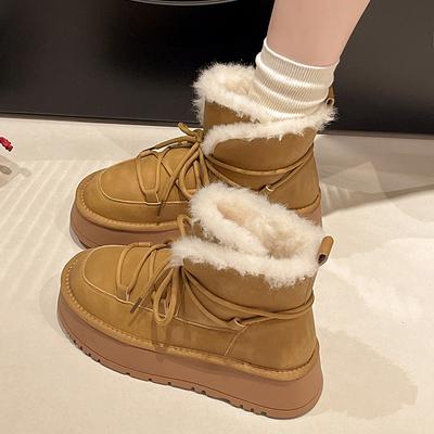 Модные зимние нескользящие теплые плюшевые новые на шнуровке 2024 года, горячая распродажа, женские ботинки с круглым носком, модная женская обувь для отдыха на открытом воздухе Botines Mujer