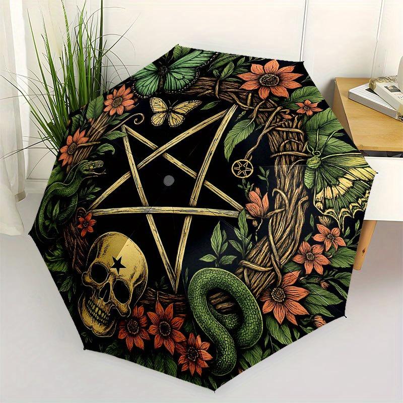Bohemian Wreath with Pentagram, Skull, and Butterflies Wall StickerUmbrella with Cute Design, Portable 3-Fold Compact Umbrella for Men & Women, Valent