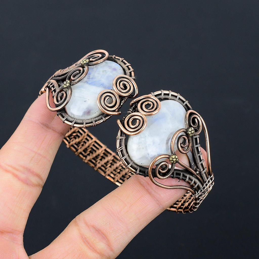 Необычные радужные лунные камни, драгоценные камни, чистая медная проволока, манжеты/браслет ручной работы, регулируемые ювелирные изделия