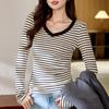 Striped V-neck Long-sleeved T-shirt Women's New Autumn Style Slim Fit with Shoulder Clothes