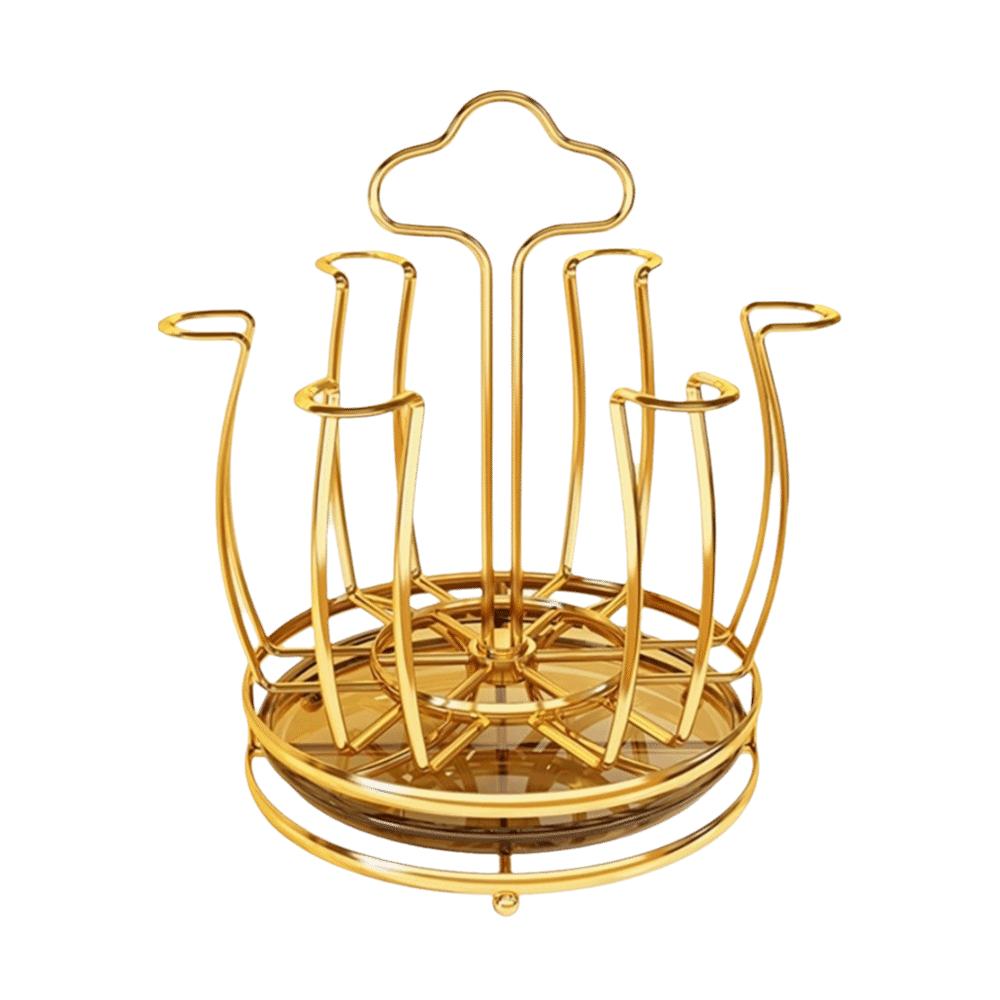 360° Rotation Cup Holder with Water Drain Tray Gold Glass Cup Storage Rack Mug&Cup Organizer Bar