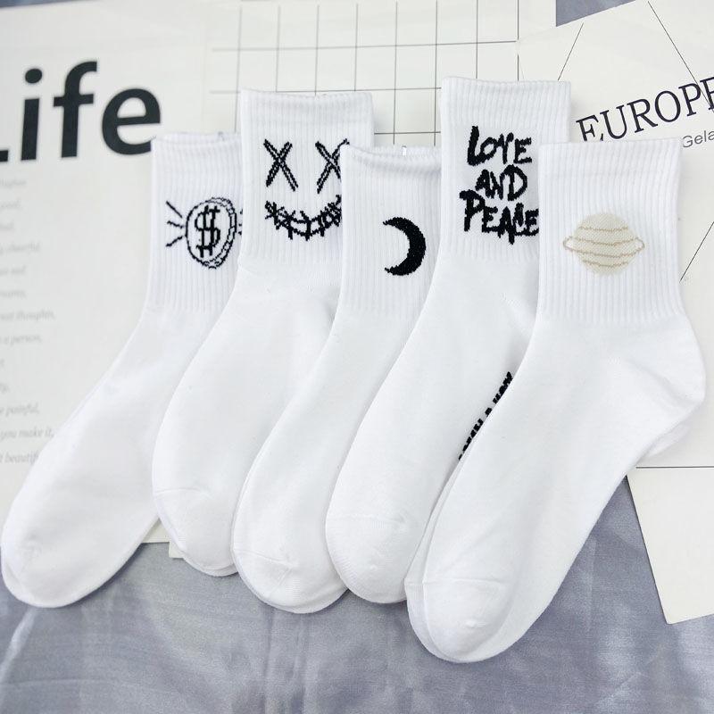 5 пар мужских хлопковых носков для скейтборда в стиле хип-хоп, носки с мультяшным узором, дышащие мягкие носки-трубочки