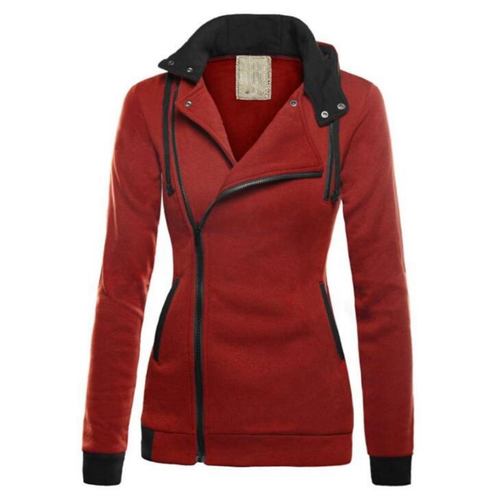 Women's Spring Fleece Lined Color Block Hooded Sweatshirt, Thickened Warm Diagonal Zipper Hoodie