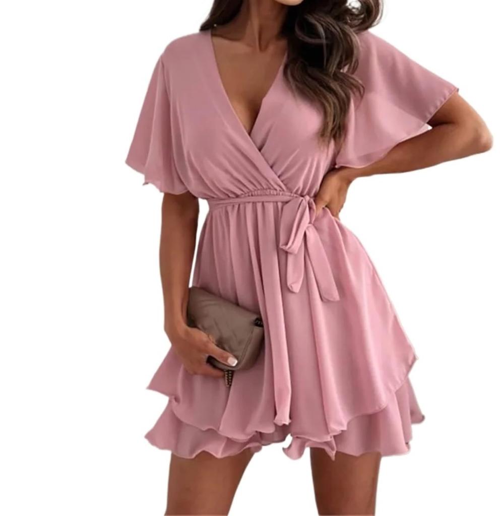 Женское платье с V-образным вырезом, летнее, с перекрестными бретелями, оборками по подолу, шифоновое, повседневное, пляжное платье