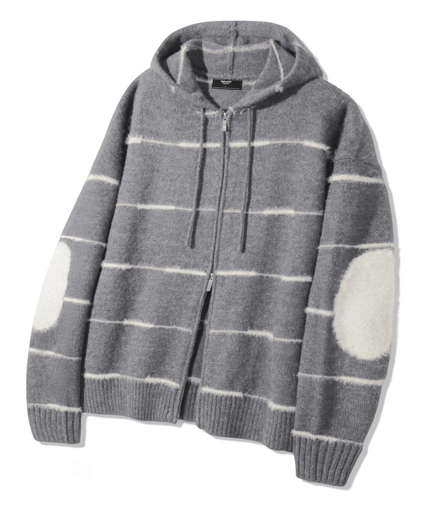 TRILLION Washable Wool Hairy Stripe Hooded Zip-Up Knit_Melange Gray
