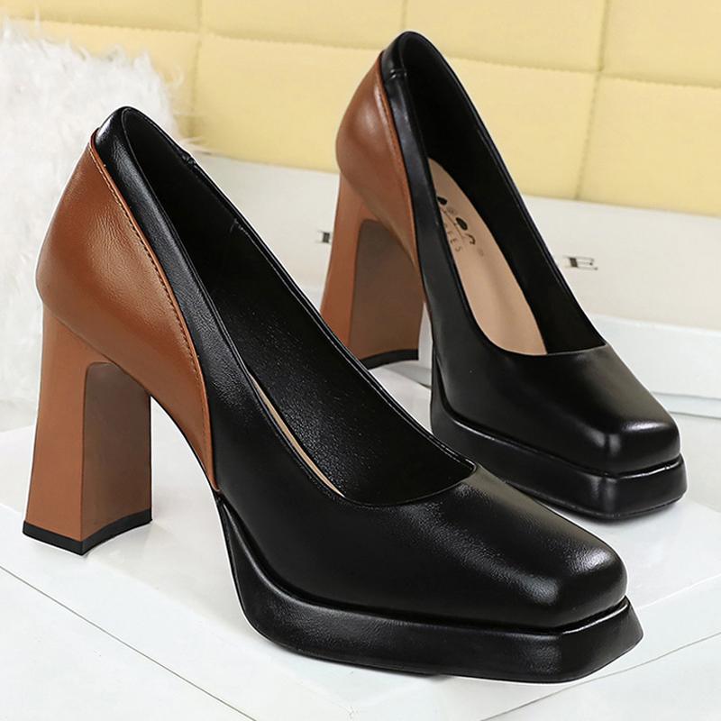 Fashion Color block Platform Pumps Women high heels shoes 9 cm Square head Women Heels Sexy party shoes thick with high-heeled shoes