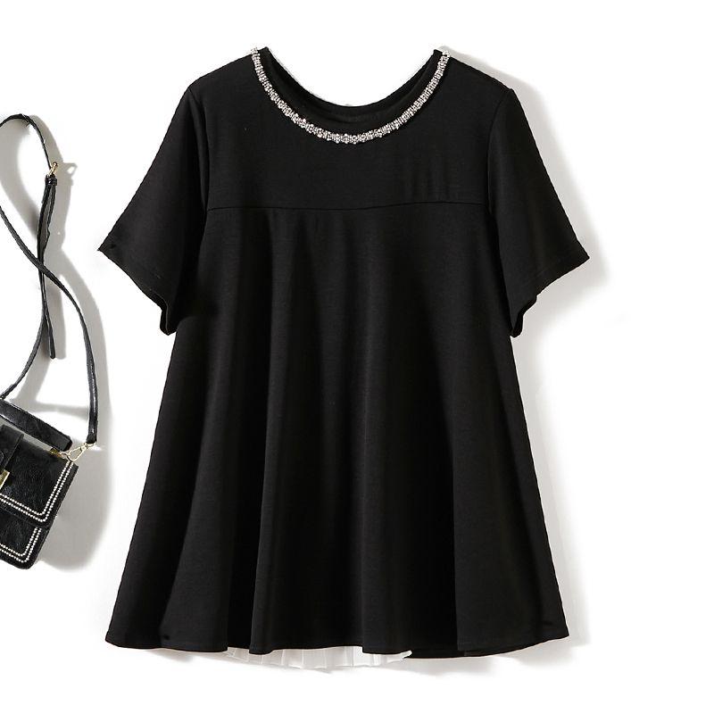 Beaded! Export Single for Women Summer Ice Cotton Round Neck Short Sleeve and Long Pattern Sanzhai Ruched Patchwork T-shirt Strong Push