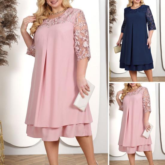 Formal Dress Elegent Beauty Lady Dress Embroidery Plus Size Midi Dress Loose Round Neck Floral Net Yarn