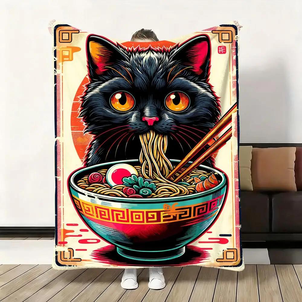 Black Cat Ramen Soft Flannel Blanket Oversized Warm SkinFriendly Throw for Sofa Bed Office Travel Winter Comfort