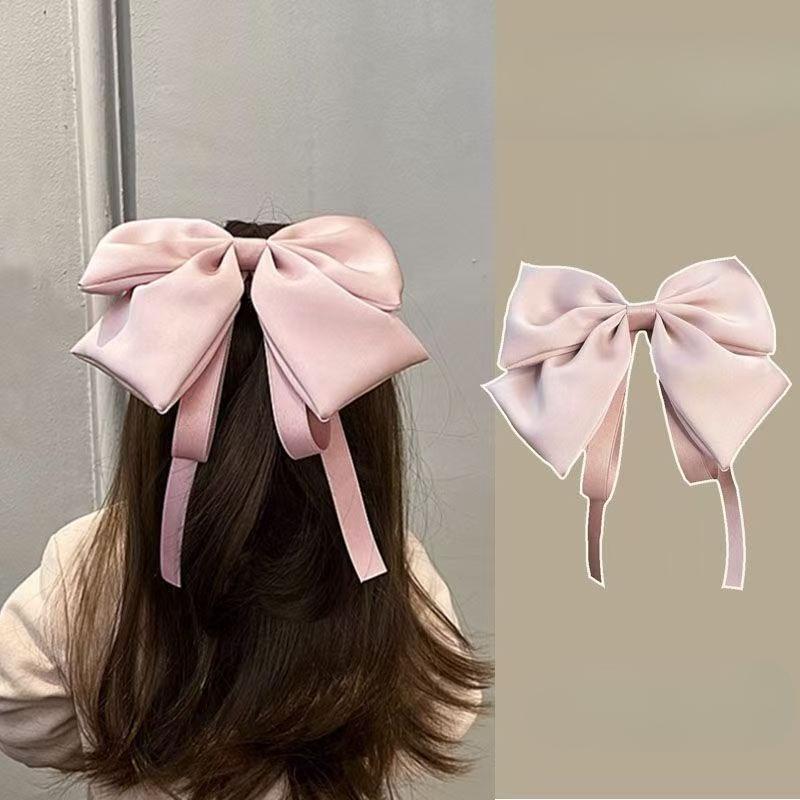 Children's Large Bow Hair Clip  Princess Style Satin Wine Red Ribbon Hair Clip  Back of The Head with A Headband  A Female Hair Accessory