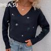Women's Autumn and Winter Printed V-Neck Big Size Loose Knit Sweater Pullover Sweater