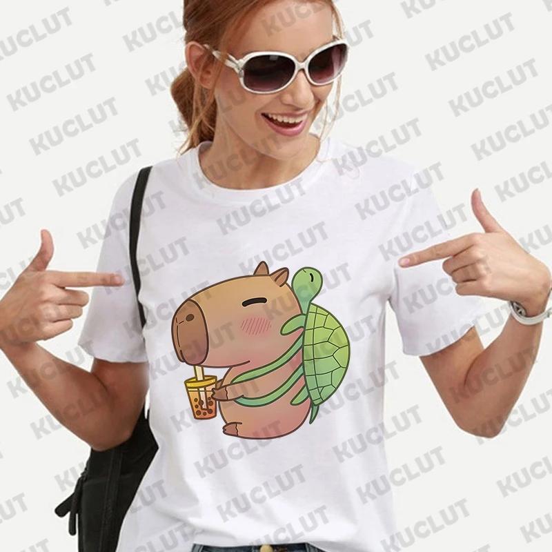Cute Capybara Anime Women's T-shirt Casual Ulzzang Short Sleeve Tees Cartoon Graphic Y2K Tops Female Blouse Aesthetic Clothing