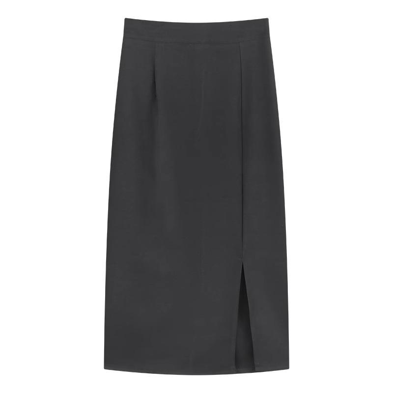 Женская черная юбка с высокой талией и разрезом средней длины - весна 2024 года, корейский дизайн А-силуэта