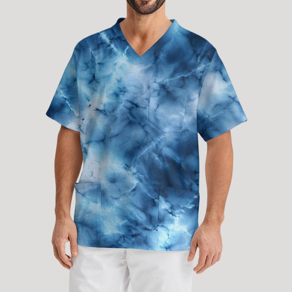 Мужская рабочая блузка с короткими рукавами и v-образным вырезом с принтом, топ с нагрудным карманом