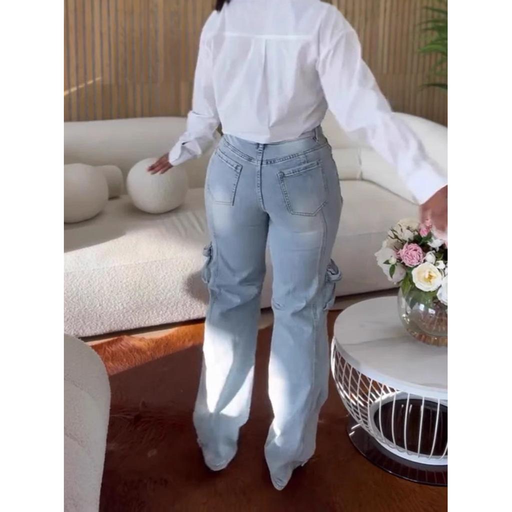 Женские прямые джинсы с вырезами, ромбами и кристаллами, осенние джинсы с широкими штанинами и множеством карманов, высокая талия