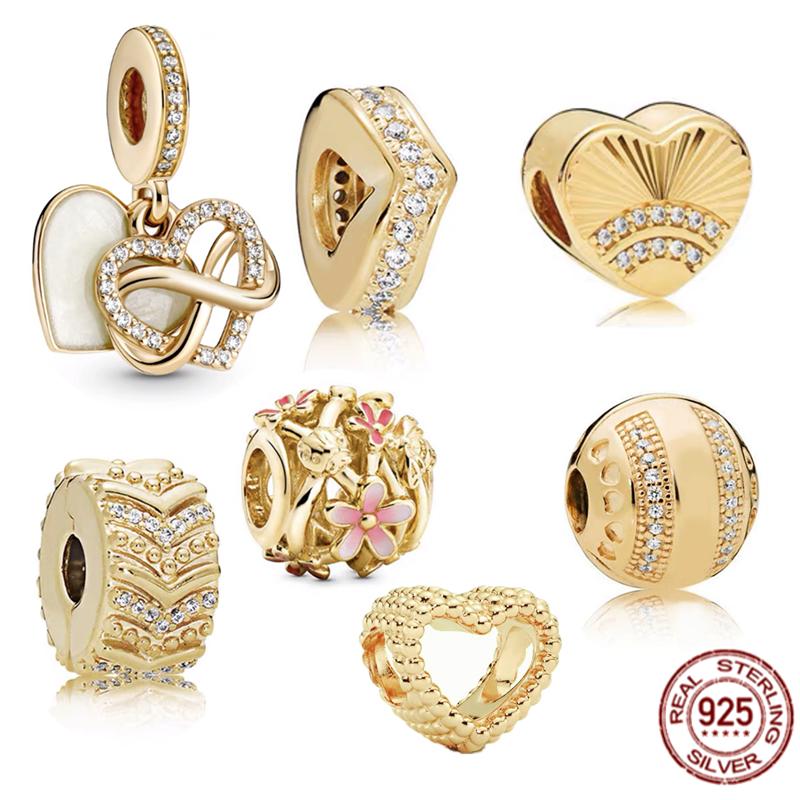 Gold Plated S925 Sterling Silver Hollow Heart Daisy Flower Charm Bead Fit Original Bracelet Necklace Jewelry For Women