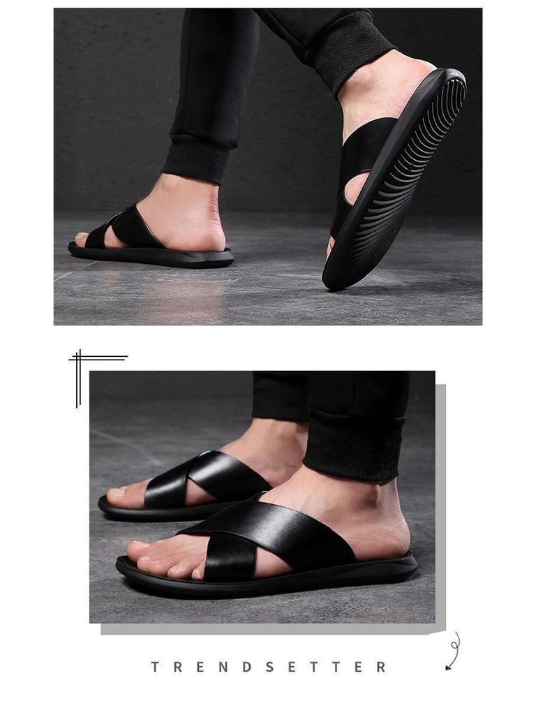 Men's Genuine Leather Korean Style Sandals - Trendy, Non-Slip Beach Flip-Flops