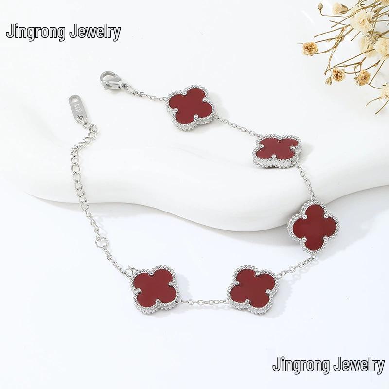 18K Gold Plated Mother-of-Pearl Four-Leaf Clover Jewelry Set: Bracelet, Necklace, Ring, Stud Earrings