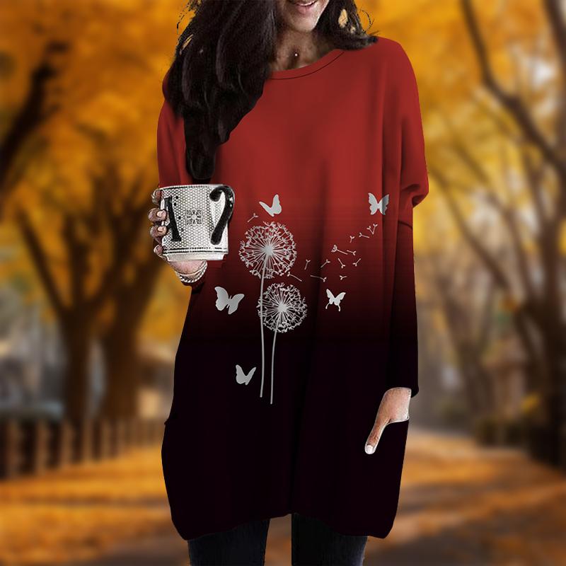 Новинка осени с принтом бабочек и одуванчиков. Платье больших размеров для женщин с круглым вырезом и длинными рукавами. Повседневные платья с карманами.
