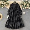 Autumn Holiday Embroidery Hollow Out Dress Women's Lantern Sleeve O Neck Lace Trims Solid Color Evening Party Midi Dresses