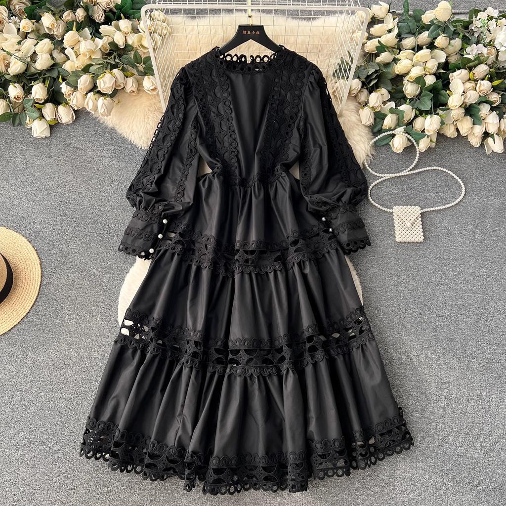 Autumn Holiday Embroidery Hollow Out Dress Women's Lantern Sleeve O Neck Lace Trims Solid Color Evening Party Midi Dresses