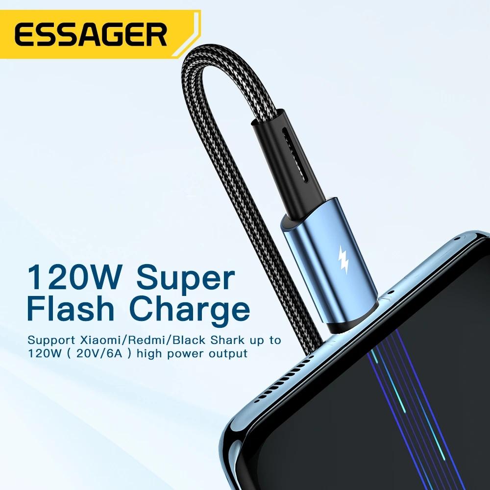 Essager 120 Вт сверхбыстрая зарядка Type-C, 67 Вт, USB-кабель для быстрой зарядки 6A для Xiaomi 12Pro Redmi K50 Note 11Pro Black Shark 5Pro