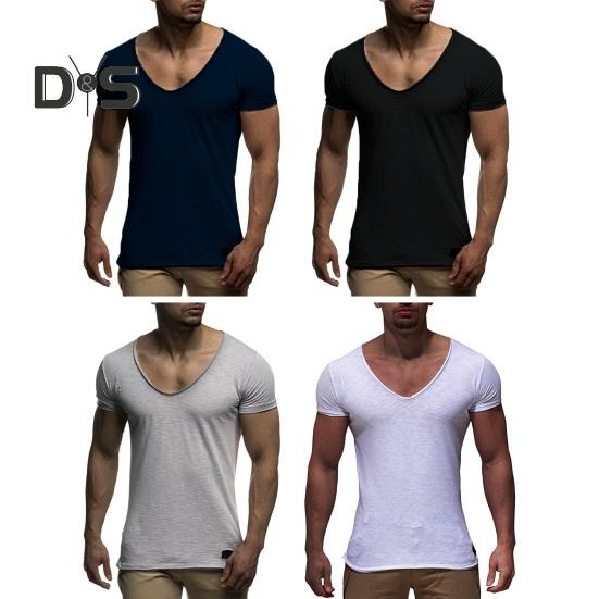 Мужская летняя футболка с короткими рукавами и v-образным вырезом, однотонная, мягкая, приталенная, дышащая, эластичная, средней длины, повседневный пуловер, мужской спортивный топ