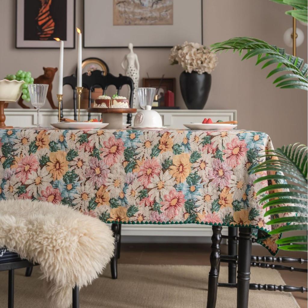 Tablecloth French Retro Embroidery Contrasting Color Dining Table Cloth Jacquard Rectangular Tablecloth Atmosphere