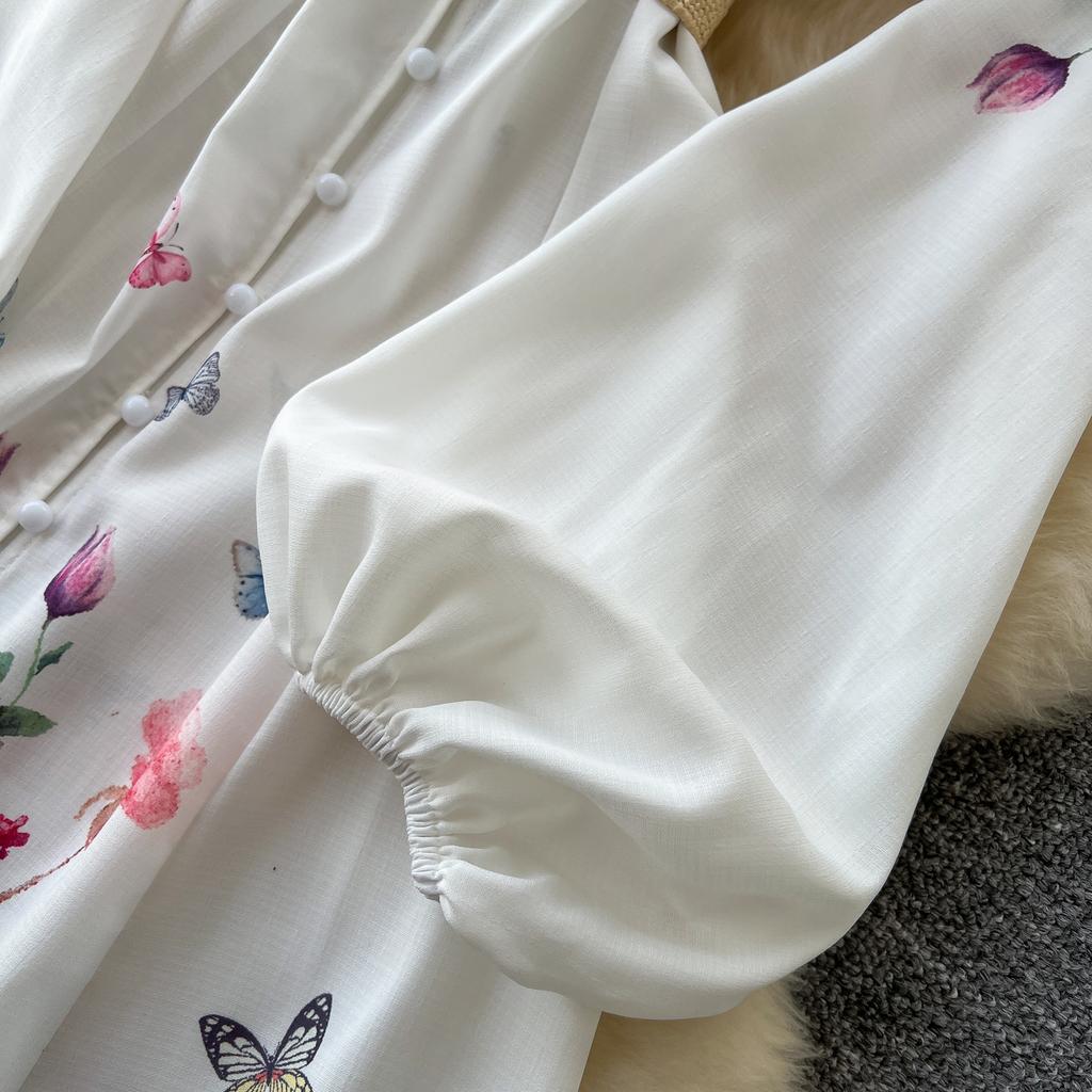 Spring Summer Women Retro Print Single Breasted Long Maxi Big Swing Vacation Beach Dresses with Belt