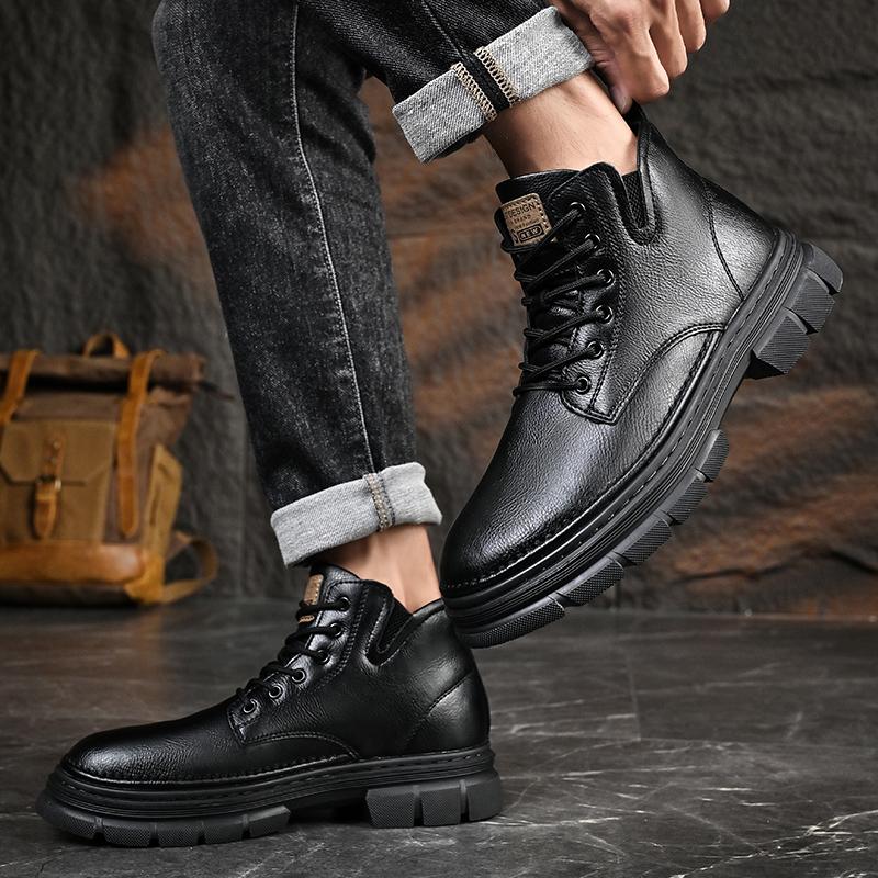 Hot Sale Men's Lace-Up Motorcycle Boots Leather Fashion Walking Shoes New Men Brand Mens Sneakers Male Comfortable Ankle Boots