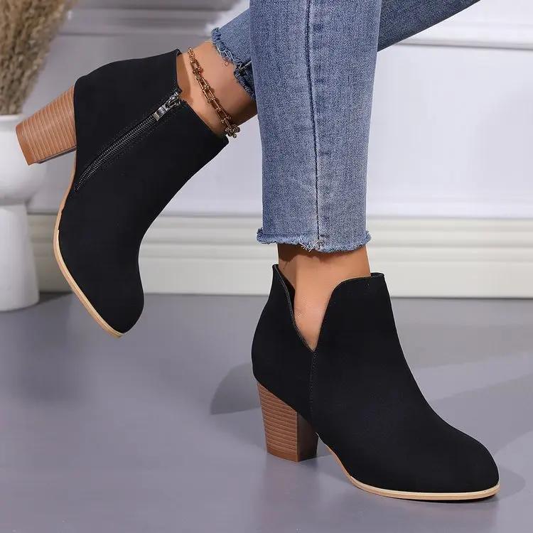 Women'S Fashion Ankle Boots Chunky High Heels Boots Female New Trendy Autumn Winter Outdoor Mid-Heel Side Zipper Booties Mujer