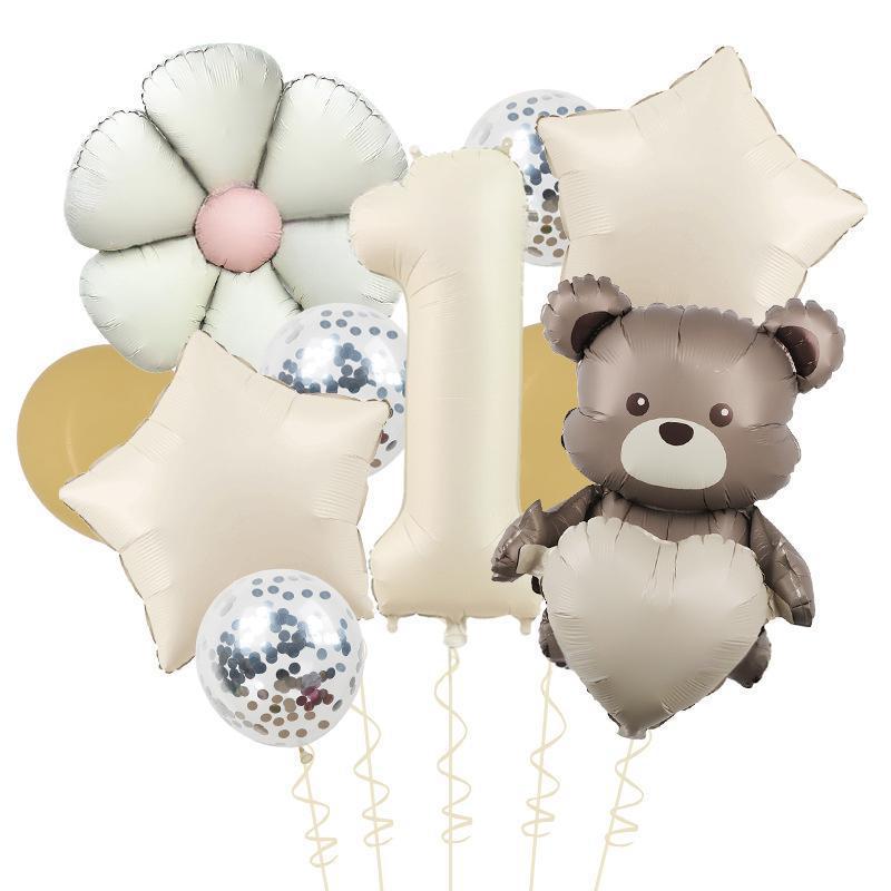 Матовый Мишка Любви Цветные Маргаритки 40 дюймов Карамельно-кремовый Алюминиевая пленка Блестки Латексный шар Набор для дня рождения