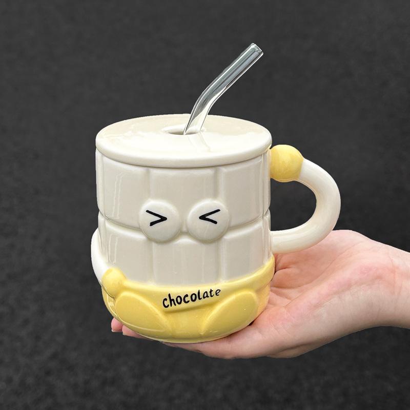 High-value Cartoon Straw Cup Cute Ceramic Mug with Lid for Girls' Girlfriend's Birthday Gift Souvenir