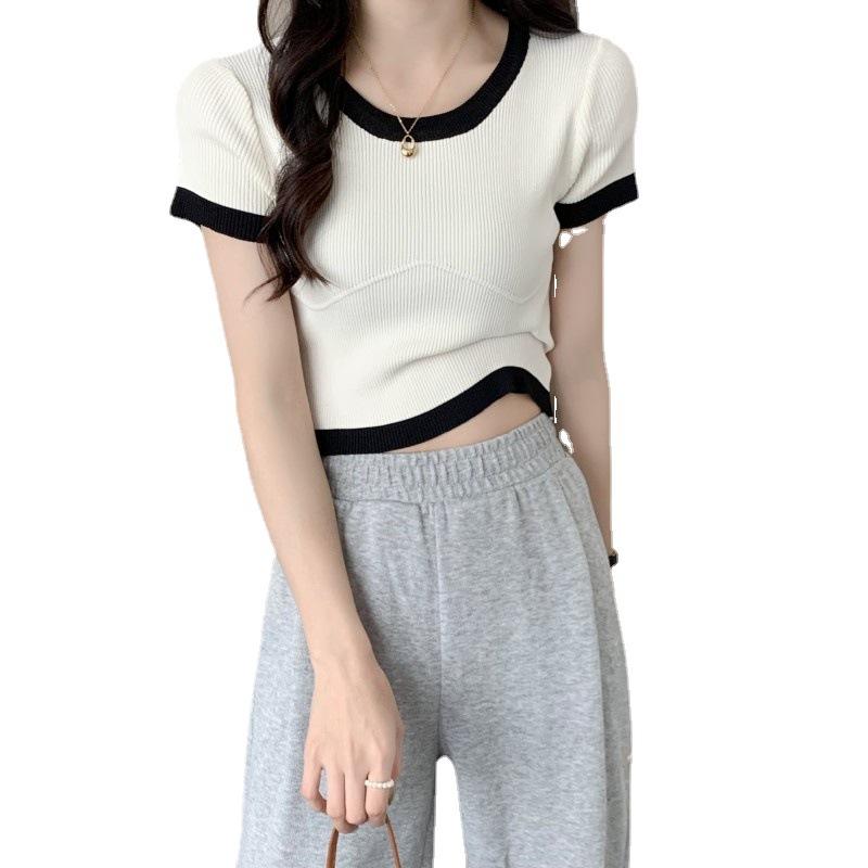 Футболка Color Clash с короткими рукавами, трикотажные короткие женские простые летние топы Sense Niche, повседневные, удобные и стильные, облегающие свитера, футболки